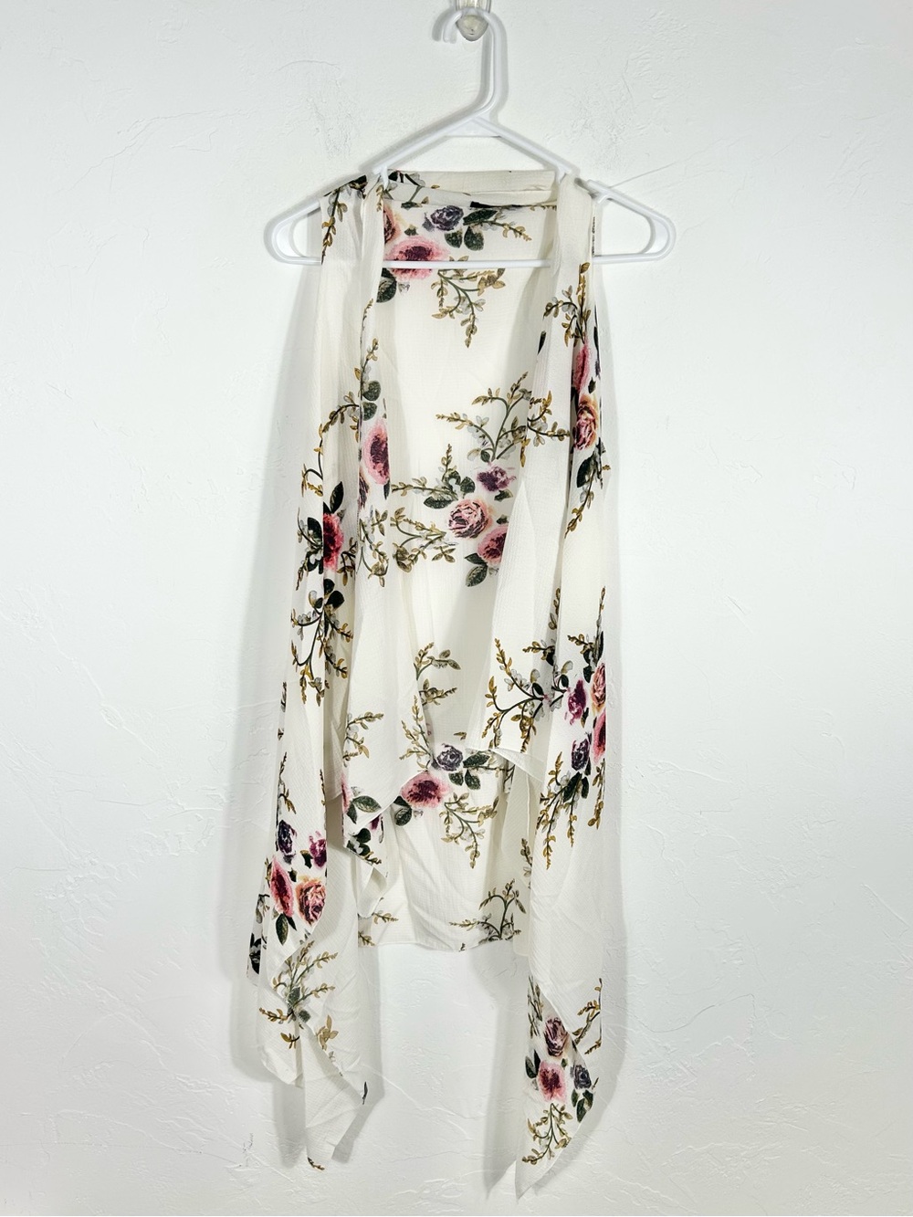 Janice White Floral Chiffon Kimono Vest Draped Open Front Sleeveless Cardigan